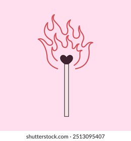 Abstract heart shaped fire match on pink background. Cute y2k style matchstick with flame silhouette. Doodle vector drawing