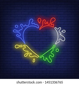 Abstract heart shaped frame with paint splashes neon sign. Decoration design. Night bright neon sign, colorful billboard, light banner. Vector illustration in neon style.