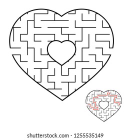 Abstract heart shaped labyrinth. Game for kids and adults. Puzzle for children. Labyrinth conundrum. Flat vector illustration isolated on white background. Love search concept. With answer