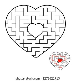 Abstract heart shaped labyrinth. Game for kids and adults. Puzzle for children. Labyrinth conundrum. Flat vector illustration isolated on white background. Love search concept. With answer