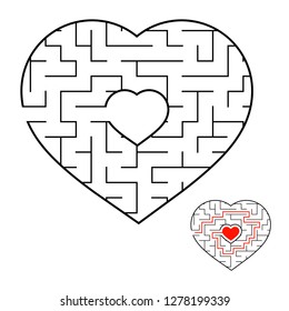 Abstract heart shaped labyrinth. Game for kids and adults. Puzzle for children. Labyrinth conundrum. Flat vector illustration isolated on white background. Love search concept. With answer