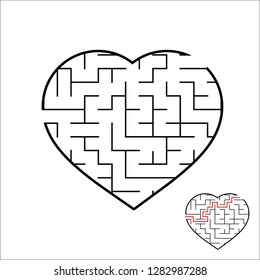 Abstract heart shaped labyrinth. Game for kids. Puzzle for children. One entrances, one exit. Maze conundrum. Simple flat vector illustration isolated on white background. With the answer.