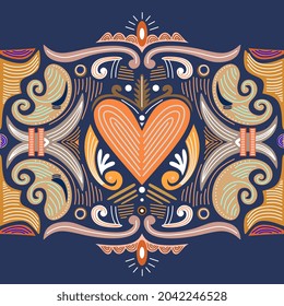 Abstract heart shaped tribal ornament. Ethnic mandala. Stylized heart shaped symbol. heart shaped of geometric elements. Tribal ethnic motif. Blue orange color background.