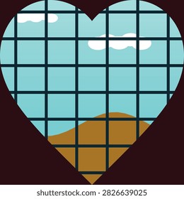 Abstract heart shaped window view of a landscape with clouds.