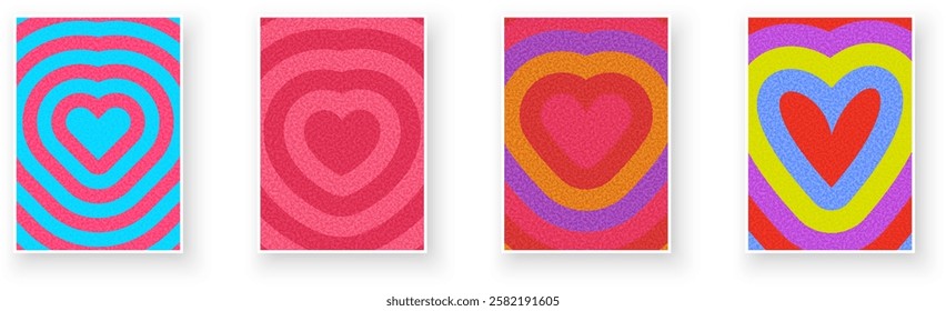 Abstract heart shapes with layered colors in vibrant tones. A playful and bold design featuring pink, blue, red, yellow, and purple hues.