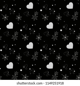 Abstract Heart and snowflakes Black line vector seamless pattern eps10