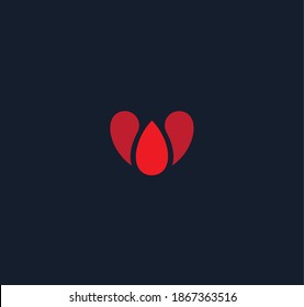 Abstract heart style vector logo concept. Red blood drop isolated icon on black background. Blood transfusion silhouette logotype for charity group or medical clinic
