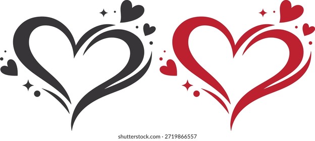 Vetor de espiral cardíaco abstrato com linhas curvas fluindo e pequenos acentos cardíacos, disponível em versões em preto e vermelho. Design de silhueta plano limpo isolado em fundo branco, perfeito para cartões de Dia dos Namorados, logotipos de amor, cartazes românticos, convites de casamento, adesivos, tatuagens e desenhos imprimíveis.
