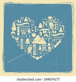 abstract heart symbol of winter flat icons with vintage effect vector for design