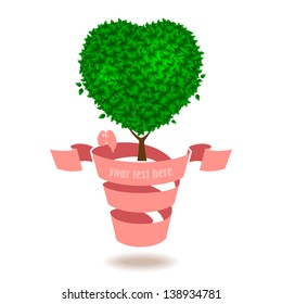 Abstract heart tree in pot with a ribbon shape, vector design.