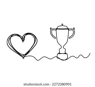 Abstract heart with trophy as continuous line drawing on white background. Vector