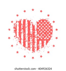 abstract heart with usa flag, american patriotic sign, t-shirt print on white, vector illustration