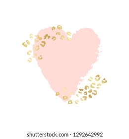 Abstract heart vector background, brush illustration. Pink ink brush stroke with rich golden exotic leopard animal skin texture