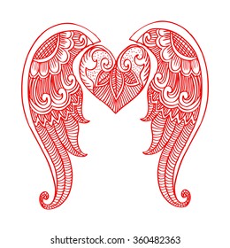 Abstract heart with wings. Hand drawing illustration.