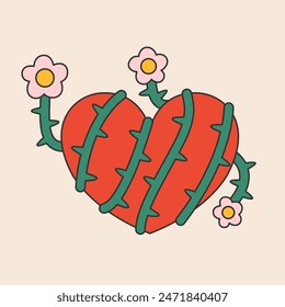 Abstract heart wrapped with bindweed flowers. Psychedelic symbol of love. Naive art, groovy design. Trippy creeper outline illustration. Vector graphic