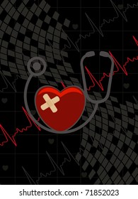 abstract heartbeat background with stethoscope, red damage heart