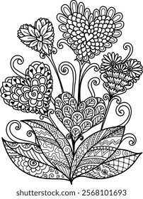 Abstract hearted shape flowers for background, paper cut, laser cut, engraving,coloring book, coloring page with the size 8.5x11. Vector illustration.