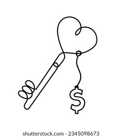 Abstract heart-key with dollar as continuous line drawing on white background. Vector