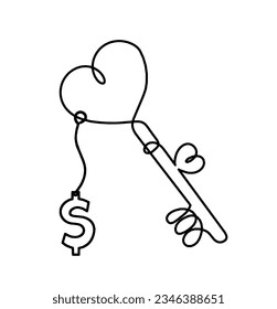 Abstract heart-key with dollar as continuous line drawing on white background. Vector