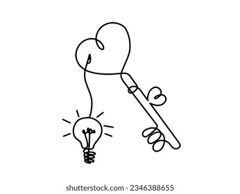 Resumen de la llave cardíaca con bombilla de luz como dibujo continuo sobre fondo blanco. Vector