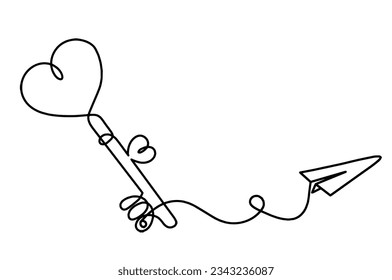 Abstract heart-key with paper plane as continuous line drawing on white background. Vector