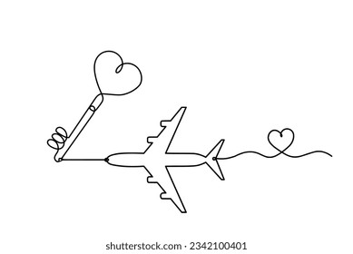 Abstract heart-key with plane as continuous line drawing on white background. Vector