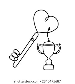 Abstract heart-key with trophy as continuous line drawing on white background. Vector