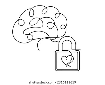 Abstract heart-lock with brain as continuous line drawing on white background. Vector