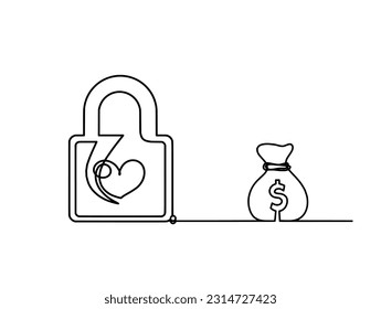 Abstract heart-lock with dollar as continuous line drawing on white background. Vector