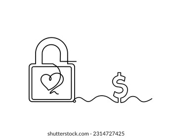 Abstract heart-lock with dollar as continuous line drawing on white background. Vector