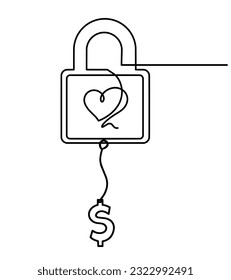 Abstract heart-lock with dollar as continuous line drawing on white background. Vector