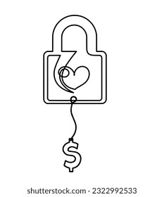 Abstract heart-lock with dollar as continuous line drawing on white background. Vector