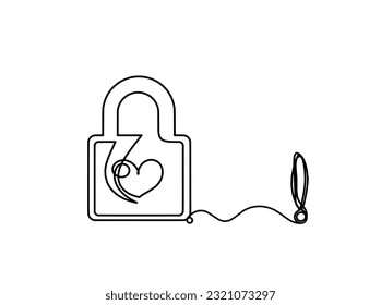 Abstract heart-lock with exclamation mark as continuous line drawing on white background. Vector