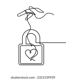 Abstract heart-lock with hand as continuous line drawing on white background. Vector