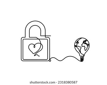 Abstract heart-lock with light bulb as continuous line drawing on white background. Vector