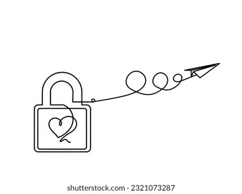 Abstract heart-lock with paper plane as continuous line drawing on white background. Vector