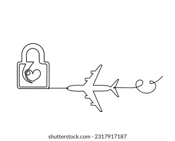 Abstract heart-lock with plane as continuous line drawing on white background. Vector