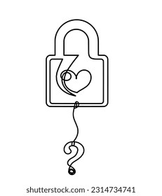 Abstract heart-lock with question mark as continuous line drawing on white background. Vector