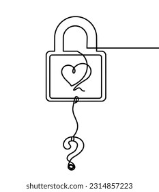 Abstract heart-lock with question mark as continuous line drawing on white background. Vector