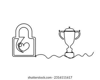 Abstract heart-lock with trophy as continuous line drawing on white background. Vector