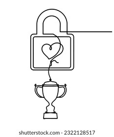 Abstract heart-lock with trophy as continuous line drawing on white background. Vector