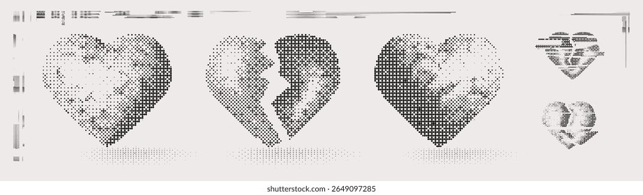 Abstract hearts with 2000 aesthetics and dadaism in raster style. 3d sweet set in style y2k brutalism pixel 