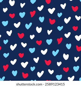 Abstract hearts background for Valentine's Day products. Hand-drawn simple heart-shaped elements are oriented downwards. Companion texture for fabric prints of children's, women's clothing, textiles.