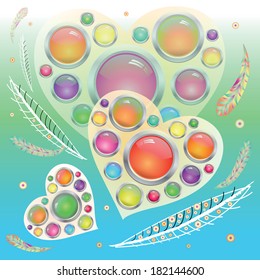 Abstract hearts with colorful buttons on emerald background with decorative plumage