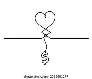 Resumen de corazones con dólar como línea continua dibujando sobre fondo blanco. Vector