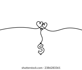 Abstract hearts with dollar as continuous line drawing on white background. Vector