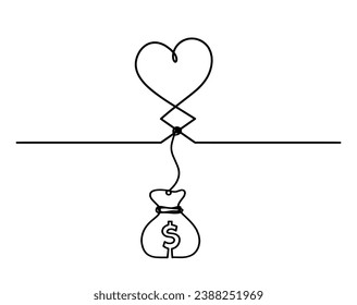Abstract hearts with dollar as continuous line drawing on white background. Vector