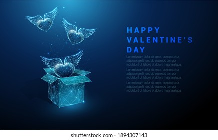 Abstract hearts flying from open gift box. Happy Valentine's day card. Low poly style design. Geometric background. Wireframe light connection structure. Modern 3d graphic concept. Vector illustration