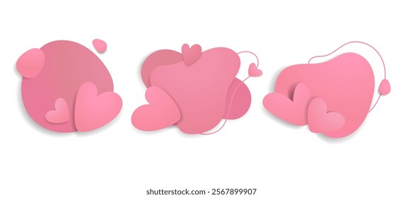 Abstract hearts frame elements banners pastel pink color set.3D heart shape frame design Paper cut style. Abstract shape heart backdrop.Romantic Elements for Valentines Day design.Vector 