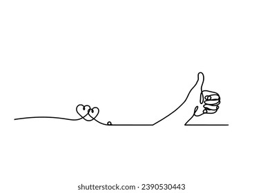 Abstract hearts with hand as continuous line drawing on white background. Vector